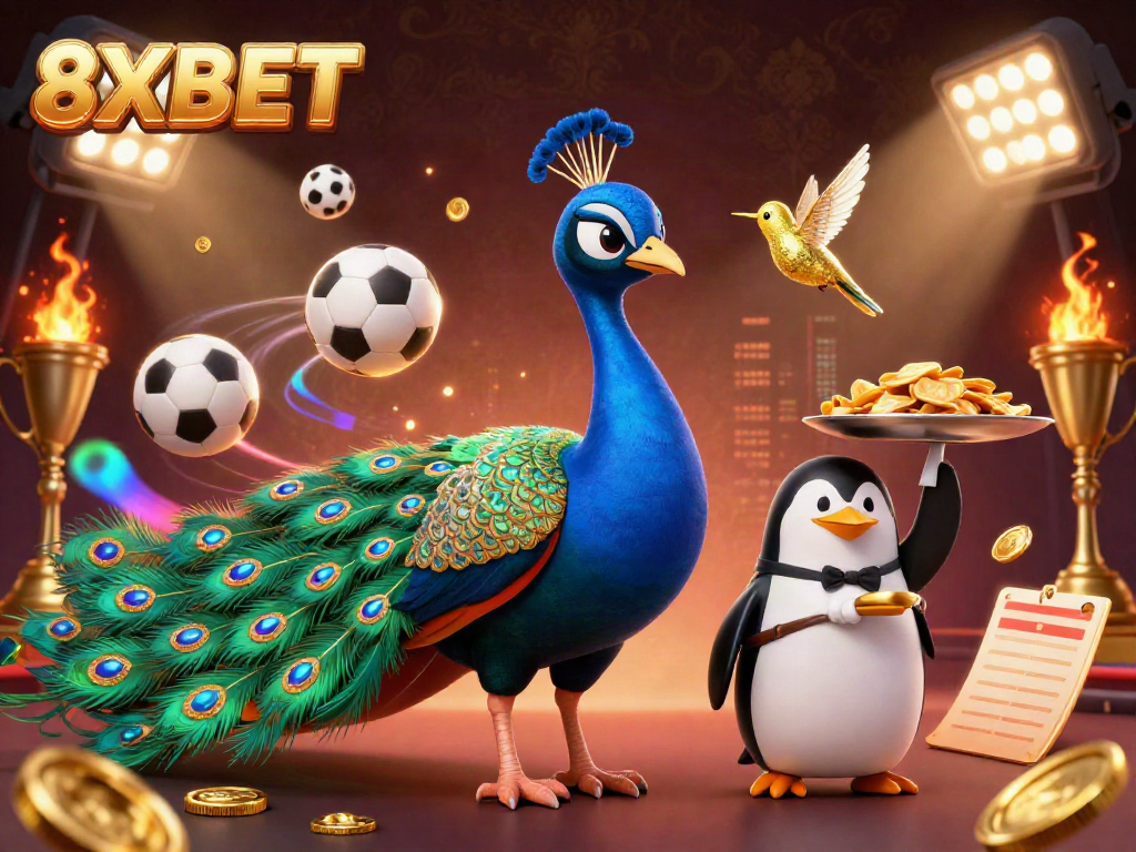 8XBET features an aristocratic peacock and penguin butler in a vibrant casino scene.
