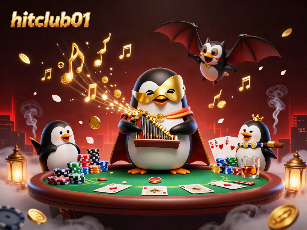 Join the excitement at hitclub01 with an enchanted gambling scene featuring a penguin and bat.