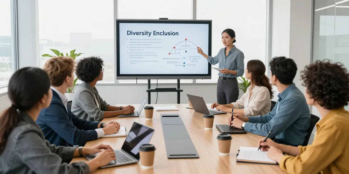 Diverse professionals tijdens training over diversiteit en inclusie in moderne kantooromgeving.