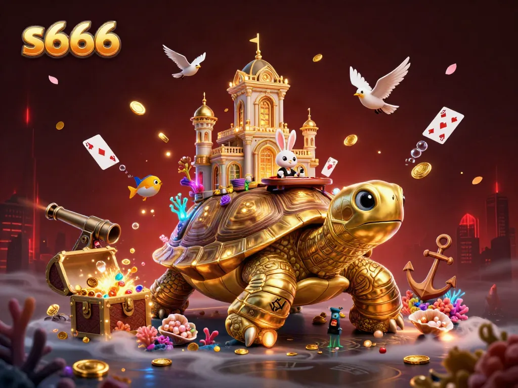 Experience the excitement of s666 with a vibrant casino scene featuring a golden tortoise and dealer among treasures.