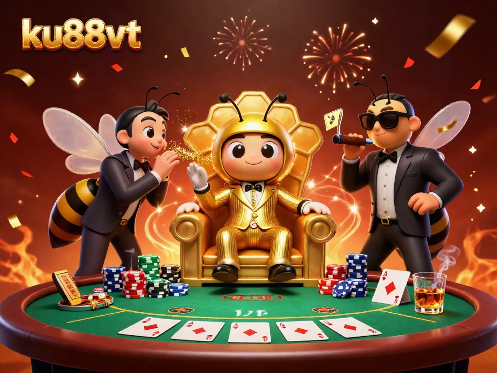 Engage in thrilling poker games with ku88vt's vibrant casino atmosphere featuring animated characters.