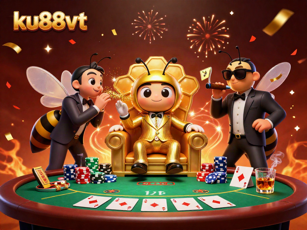 Engage in thrilling poker games with ku88vt's vibrant casino atmosphere featuring animated characters.