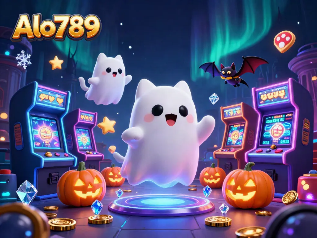 Alo789 showcases a lively cartoonish casino scene with a ghost cat and vampire bat, engaging players with vibrant gaming elements.