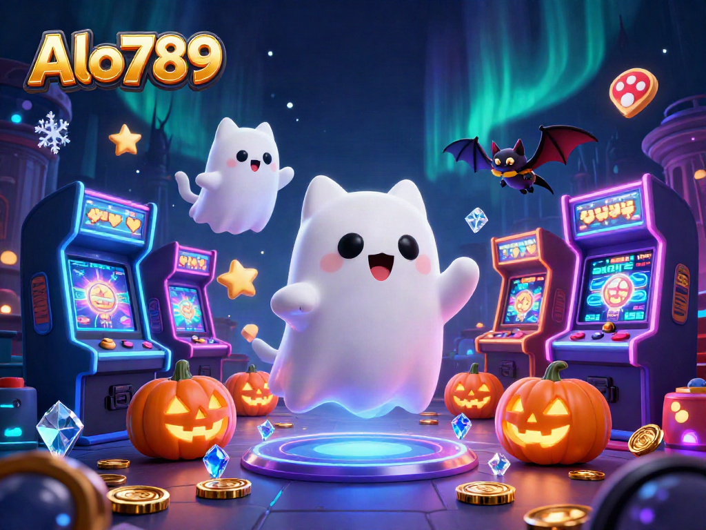 Alo789 showcases a lively cartoonish casino scene with a ghost cat and vampire bat, engaging players with vibrant gaming elements.