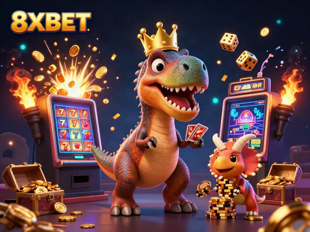 Engage with 8XBET while a T-Rex handles cards and a pterodactyl assists in a vibrant casino scene.