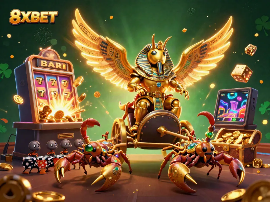Engage with epic gaming action featuring 8XBET's 3D characters, slot machines, and vibrant casino elements.