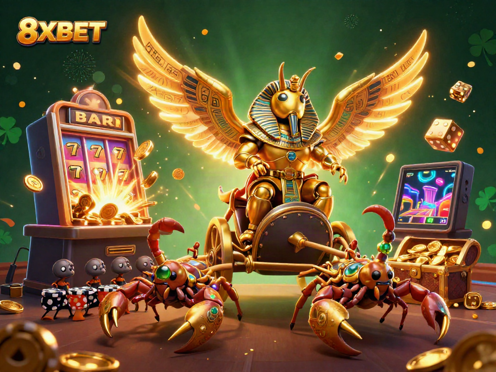 Engage with epic gaming action featuring 8XBET's 3D characters, slot machines, and vibrant casino elements.