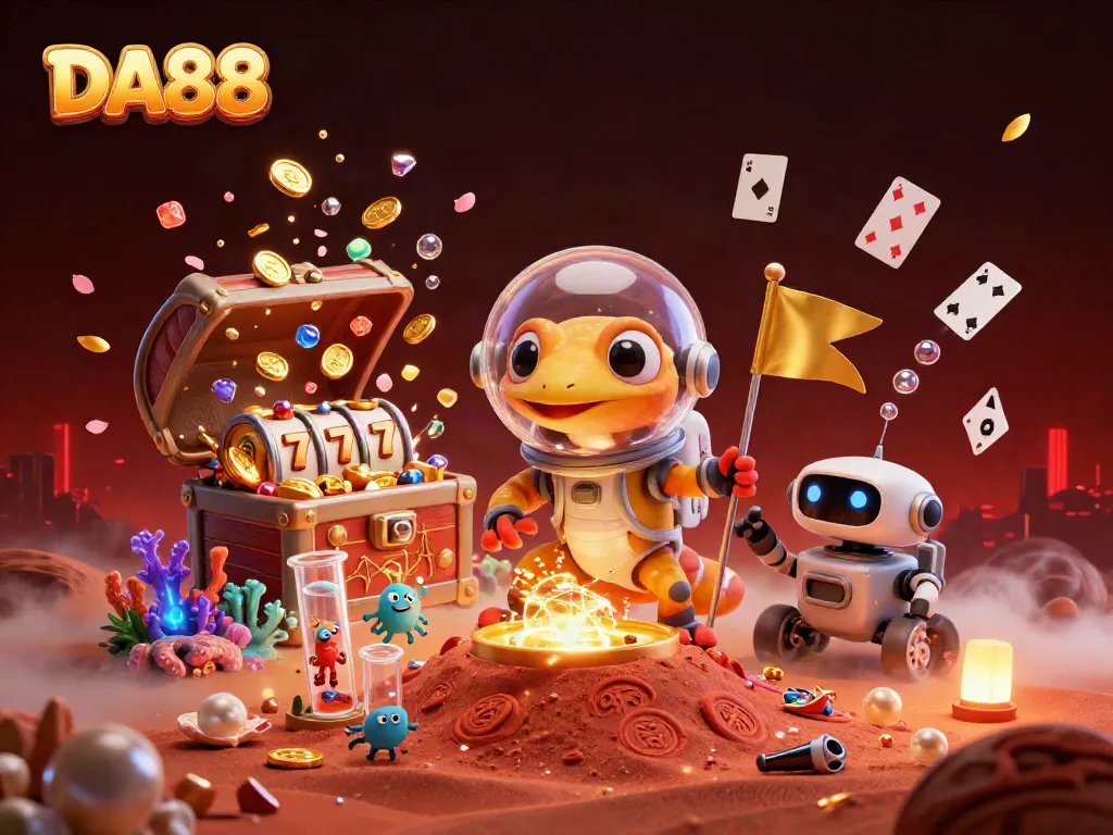 Engage in DA88 gameplay highlights featuring a Martian gecko and alien cheerleaders within a golden casino.