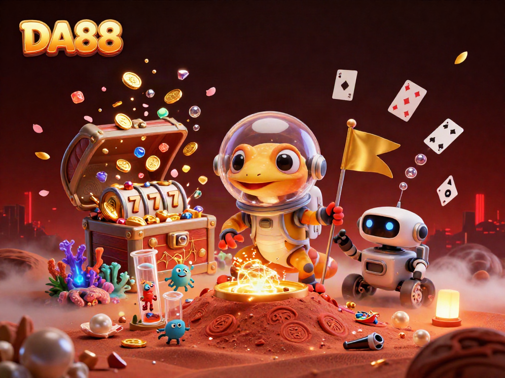 Engage in DA88 gameplay highlights featuring a Martian gecko and alien cheerleaders within a golden casino.