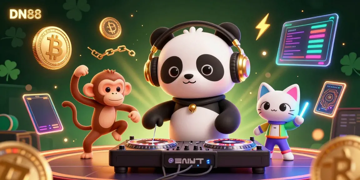 Experience the excitement of DN88 with a vibrant illustration of a DJ panda, breakdancing monkey, and rave kitten among casino elements.
