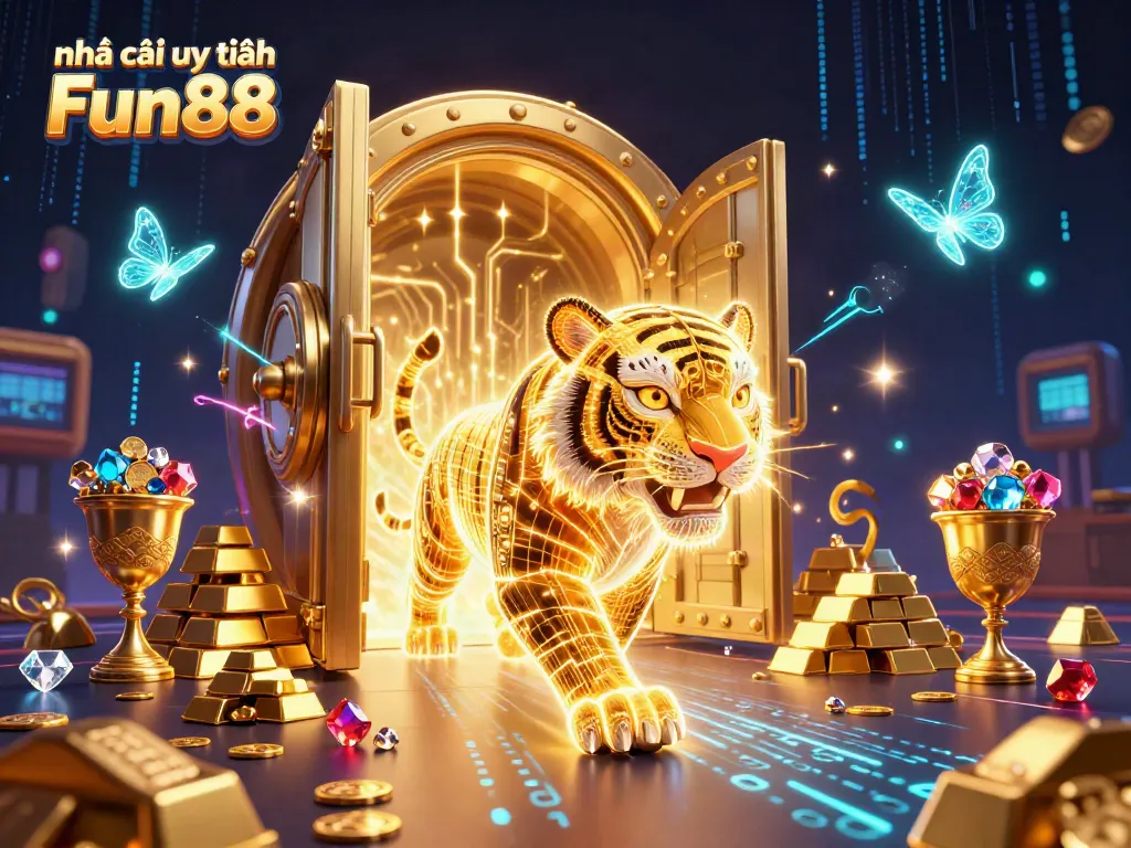 Experience excitement in Nhà cái uy tín Fun88 digital casino with our 3D illustration showcasing a golden tiger and treasures.