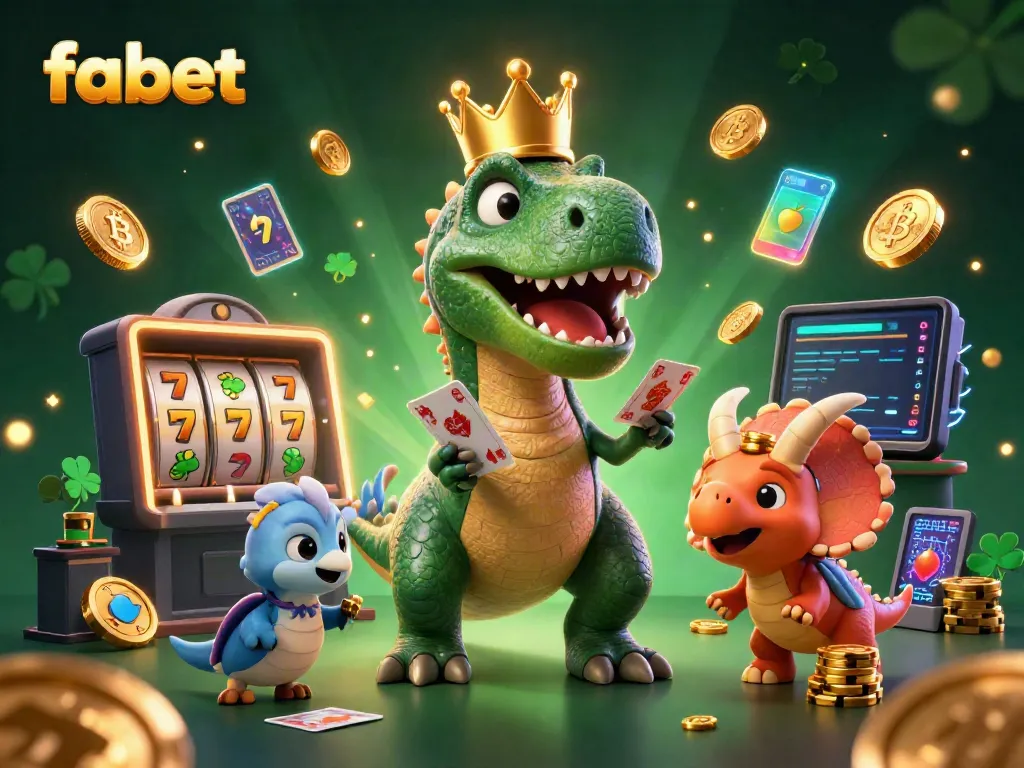 Experience the excitement of fabet as a friendly T-Rex shuffles cards while a triceratops stacks golden chips in a vibrant casino.