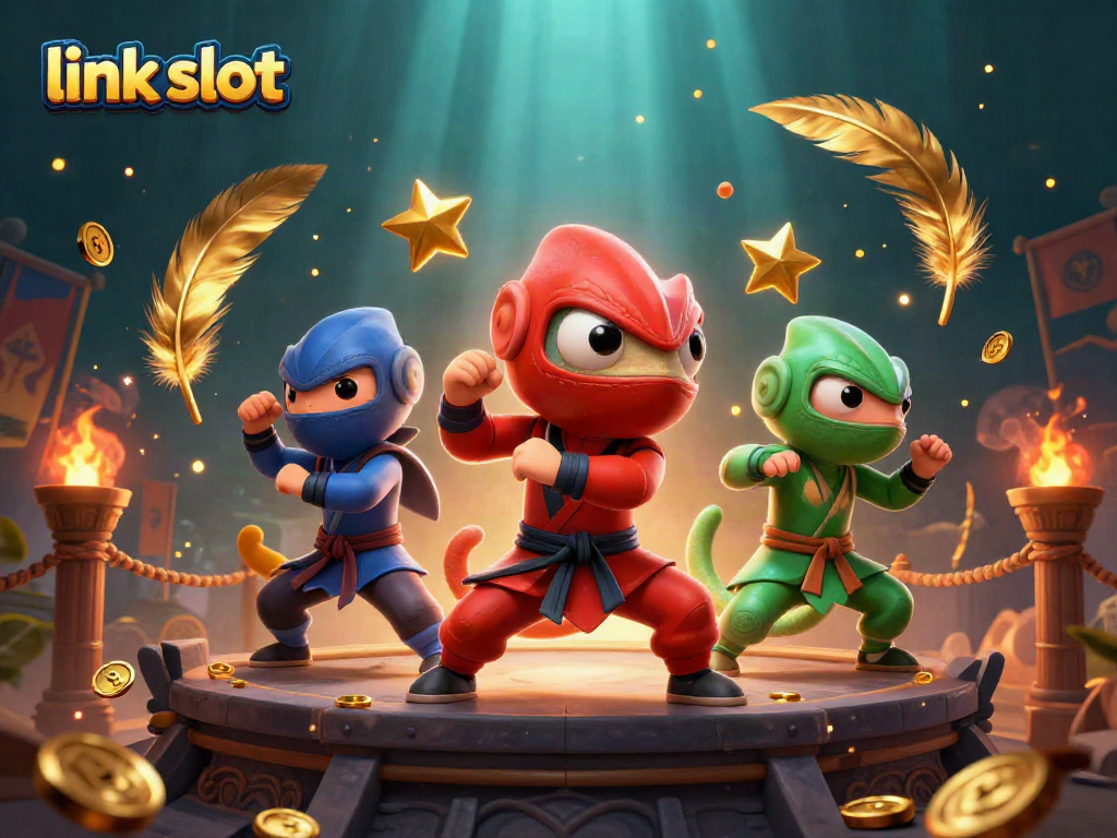 Permainan slot menarik dengan "link slot" dan chameleon ninja yang beraksi dinamis, dikelilingi koin dan efek asap.