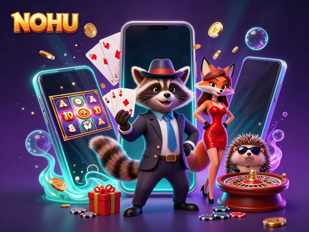 Experience thrilling gambling action at NOHU with a cartoon raccoon and friends celebrating a royal flush.