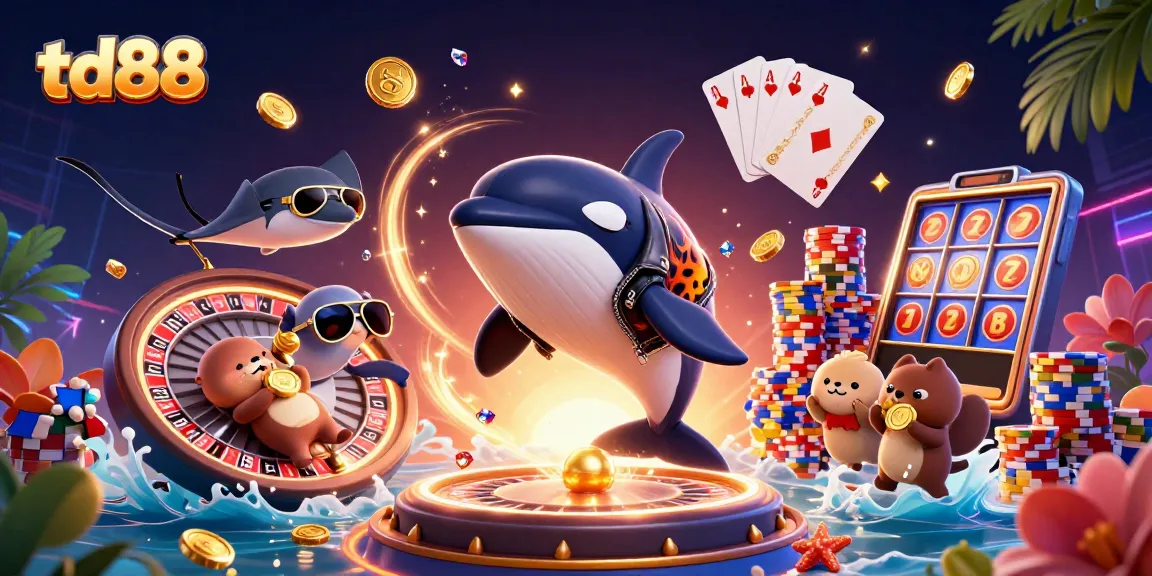 Win big at td88 with vibrant 3D casino illustration featuring various playful characters and dynamic casino elements.