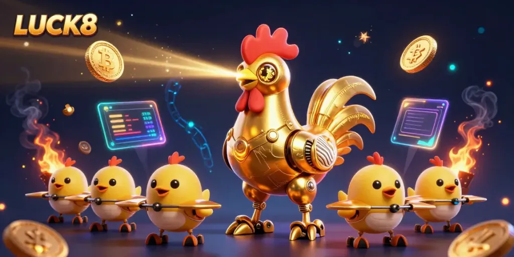 LUCK8 showcases a vibrant casino scene featuring a golden rooster robot and baby chick drones amidst flashing Bitcoin and Ethereum coins.