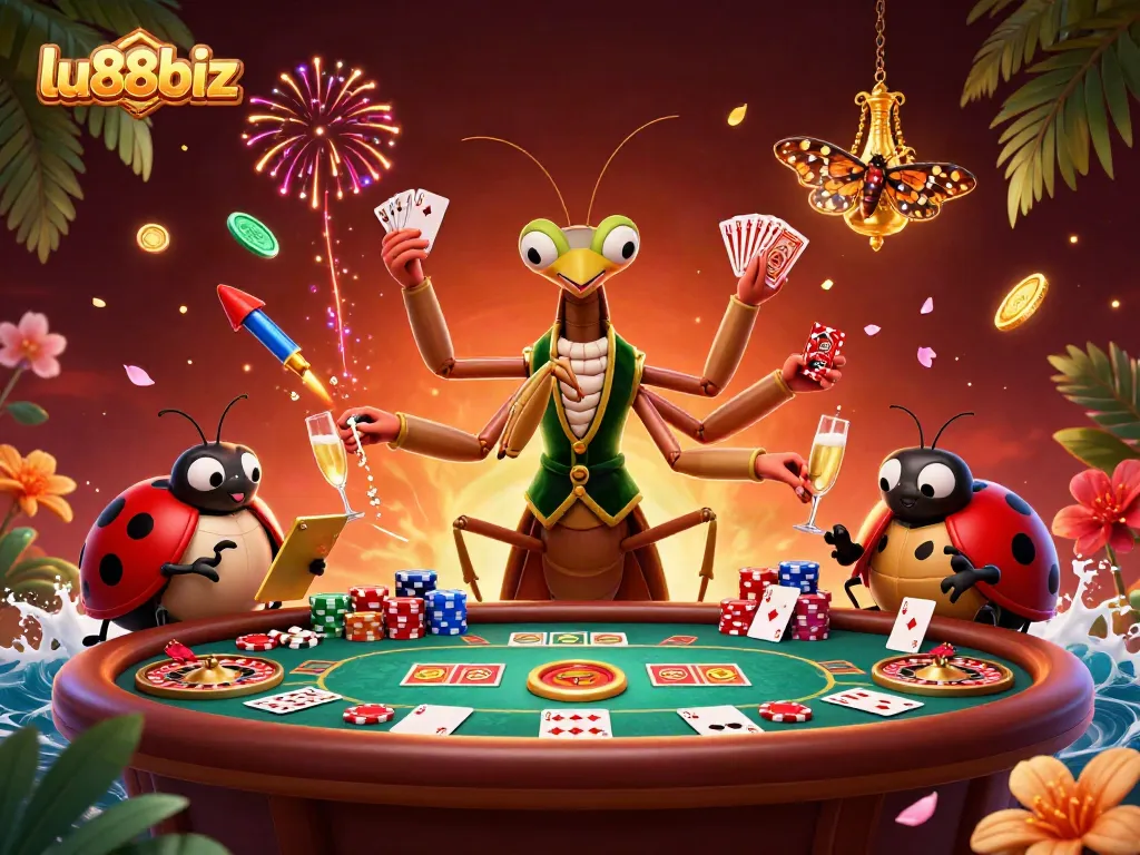 Engage with exciting games at lu88biz featuring vibrant casino action in a lively 3D illustration.