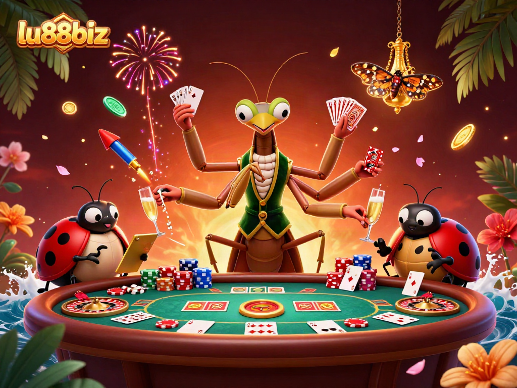 Engage with exciting games at lu88biz featuring vibrant casino action in a lively 3D illustration.