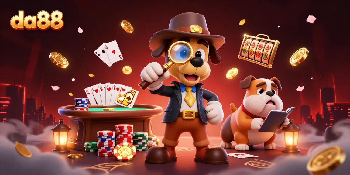 Experience thrilling gameplay at da88 with a detective and bulldog uncovering poker clues.