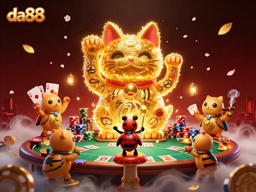 Engage with da88's vibrant casino atmosphere featuring a lucky cat crafted from fireflies and surrounded by dynamic gaming elements.