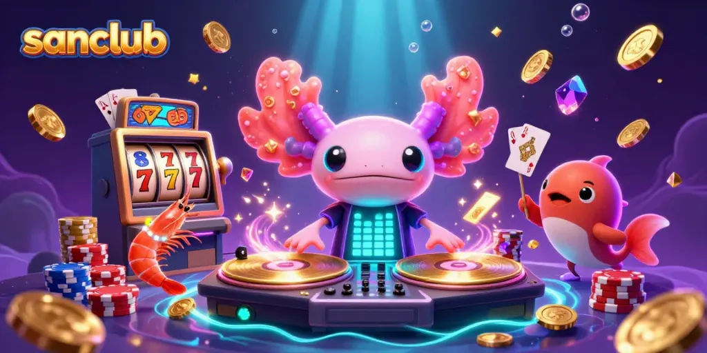 Experience exciting wins with sanclub's vibrant casino scene featuring dynamic characters and lively game elements.