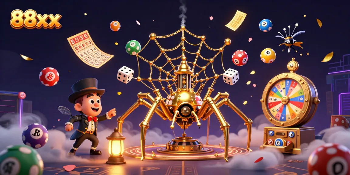 Catching lucky dice in the web, the golden spider illustrates the excitement of gaming at 88xx.
