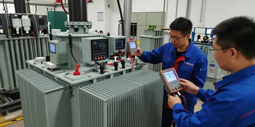 Medium voltage transformers in een industriële omgeving met technici die apparatuur inspecteren.