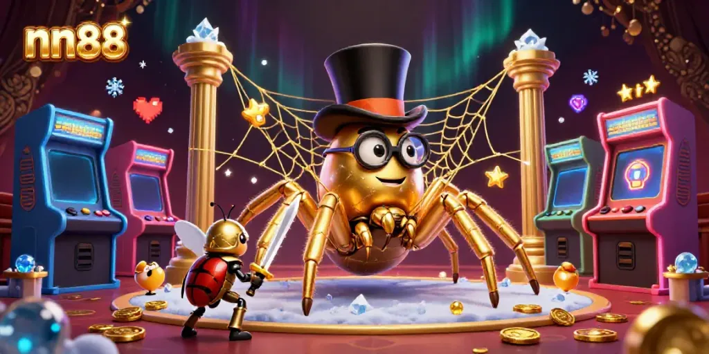 Join the nn88 casino adventure with our golden tarantula and knight as they conquer the gaming realm!