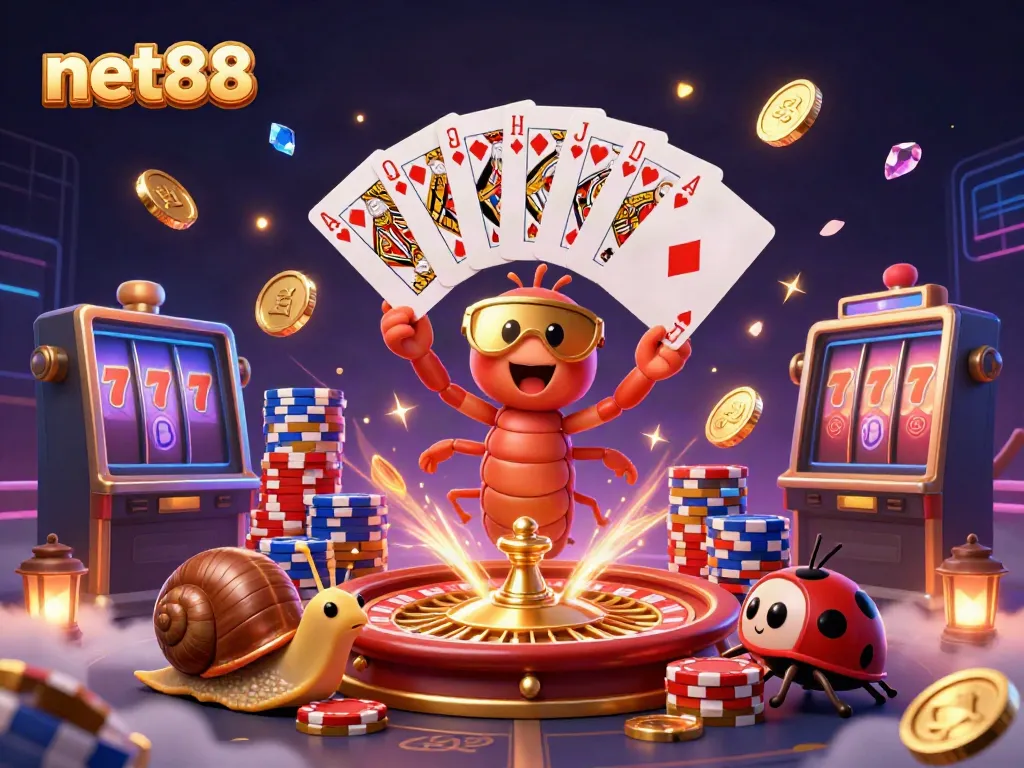 Experience the excitement of net88 with our 3D dealer's unique gaming scene filled with vibrant casino elements.