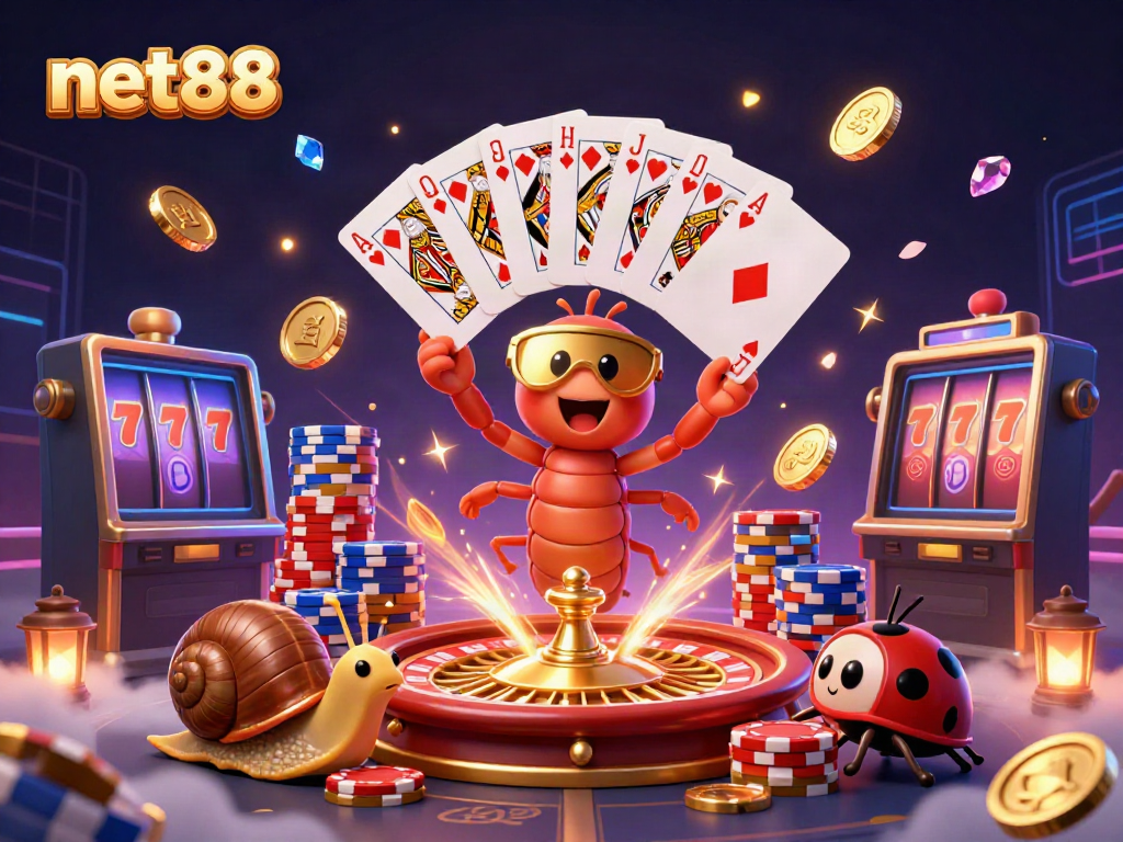 Experience the excitement of net88 with our 3D dealer's unique gaming scene filled with vibrant casino elements.