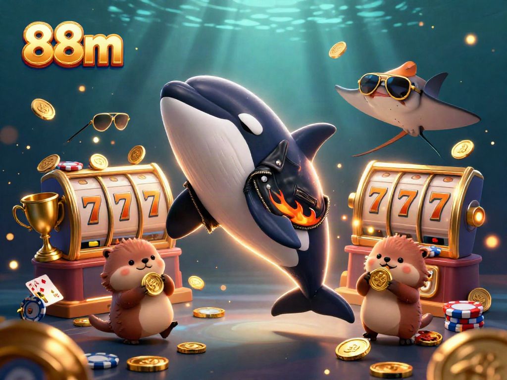 Engaging 88m casino scene featuring an orca, stingray, and otters celebrating with gold coins and slot reels.