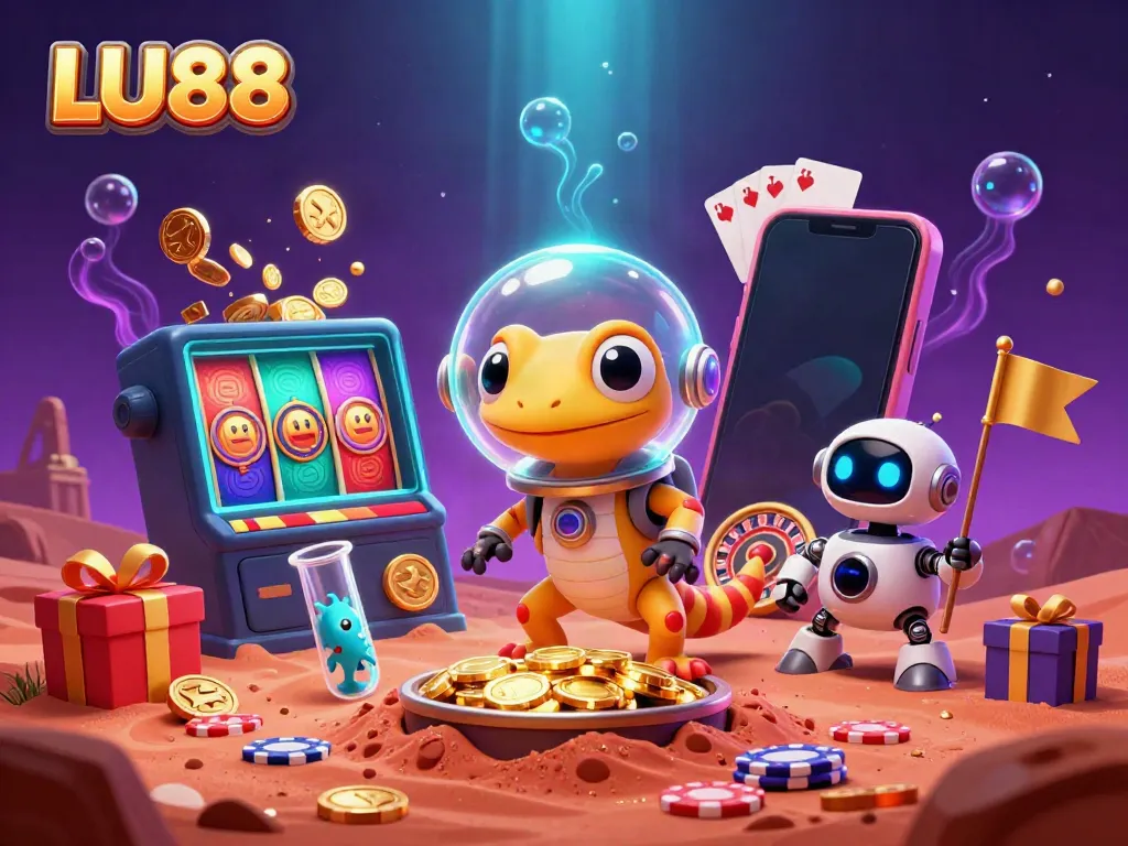 LU88 brings excitement with a 3D Martian gecko discovering a vibrant casino in an alien landscape.