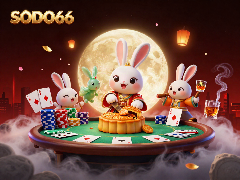 Experience the vibrant world of SODO66, where a moon rabbit reveals casino treasures amidst a scenic lunar backdrop.