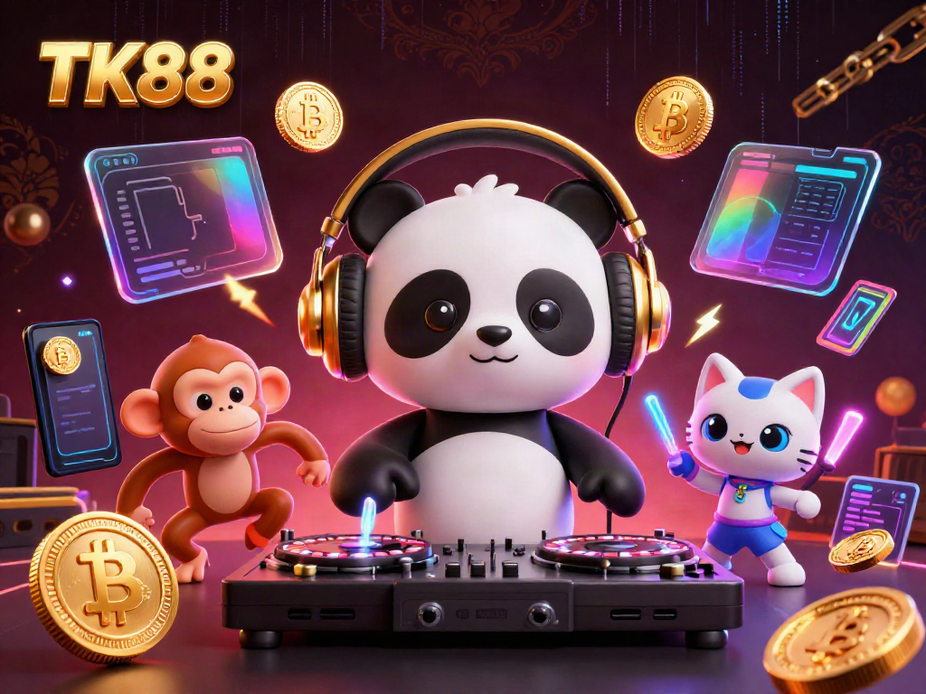 Engage with TK88's vibrant casino atmosphere featuring a DJ panda and animated characters thriving in a rich gaming environment.