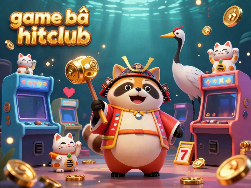 Engage with game bài hitclub, where a cheerful tanuki holds a golden mallet amid vibrant casino elements.