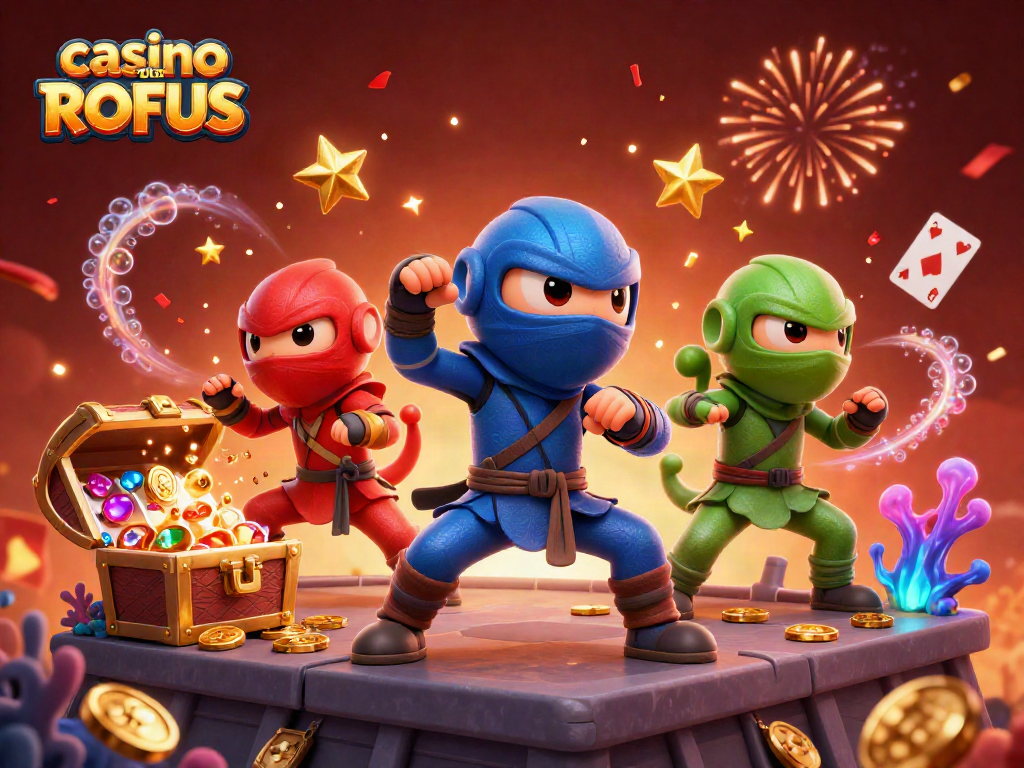 Experience the excitement of casino uden ROFUS with vibrant 3D chameleon ninjas amidst casino elements.