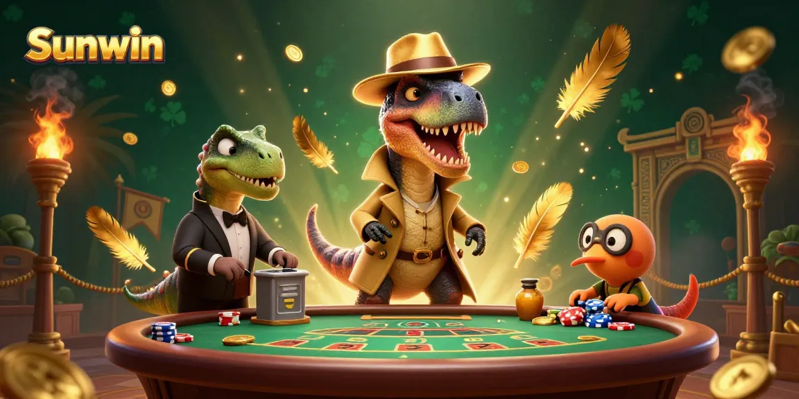 Experience thrilling gameplay at Sunwin with a cartoon velociraptor counter surrounded by vibrant casino elements and characters.