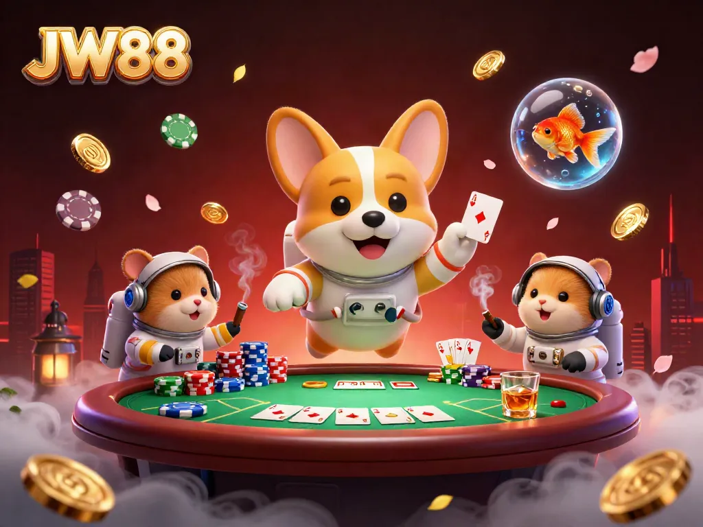 Experience the JW88 space casino with a playful astronaut corgi and vibrant floating elements.
