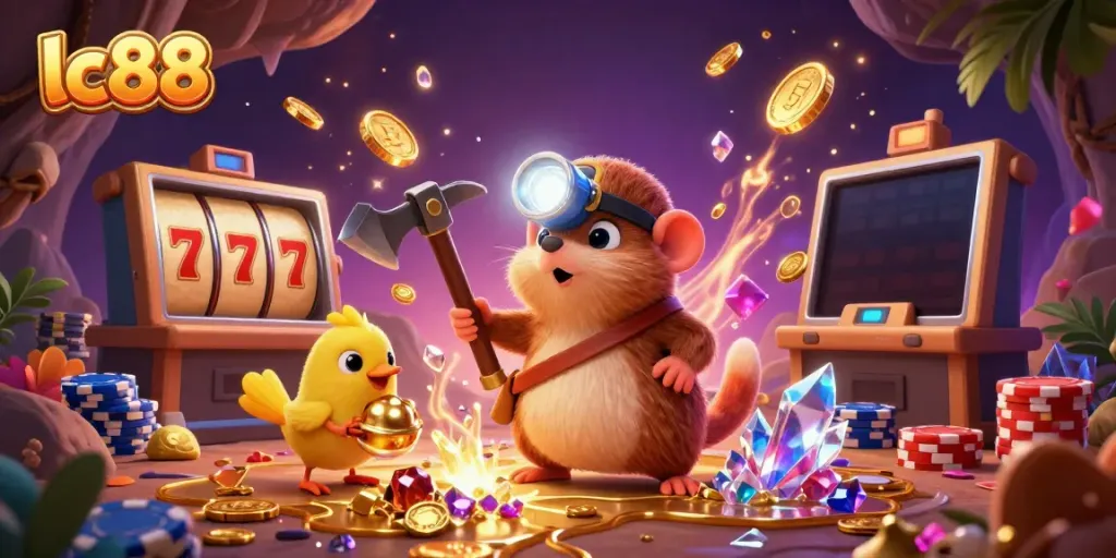 Engage in thrilling gaming adventures with lc88, featuring a treasure hunter mole amidst golden coins and slot reels.
