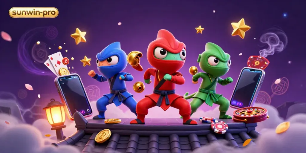 Win big with sunwin-pro as ninja chameleons battle amidst vibrant casino game elements.