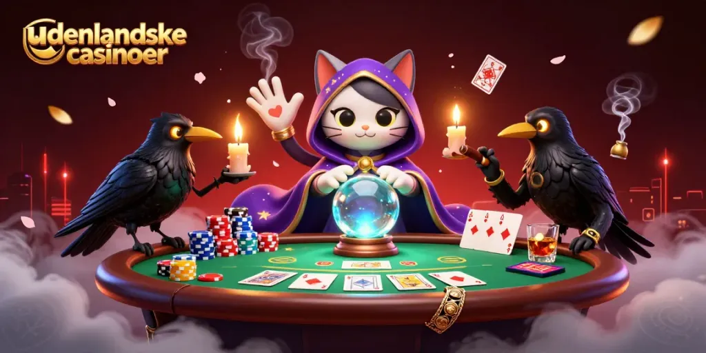 Engage with the world of udenlandske casinoer with a vibrant 3D digital illustration of fortune teller characters and poker elements.