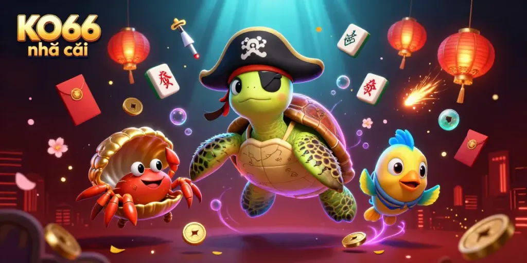 Engage in thrilling gameplay with KO66 nhà cái featuring pirate turtle, hermit crab, and parrotfish amidst vibrant casino elements.