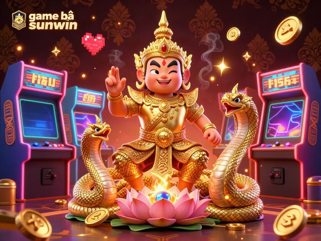 Experience game bài sunwin in a vibrant casino scene filled with colorful arcade games and golden armor guardians.