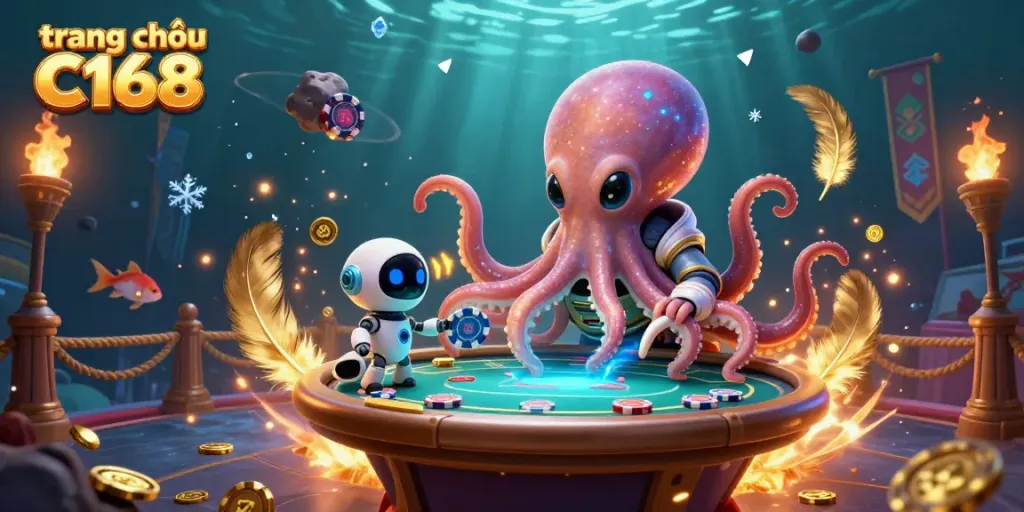 Engaging scene at trang chủ C168 with a vibrant alien octopus managing a poker game, creating a captivating atmosphere for players.