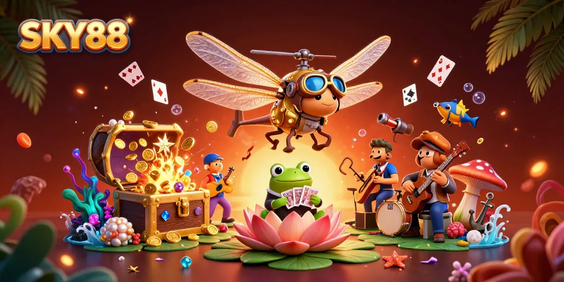 Explore the vibrant world of SKY88 with a dynamic casino illustration featuring a dragonfly pilot, frog croupier, and jazz musicians.