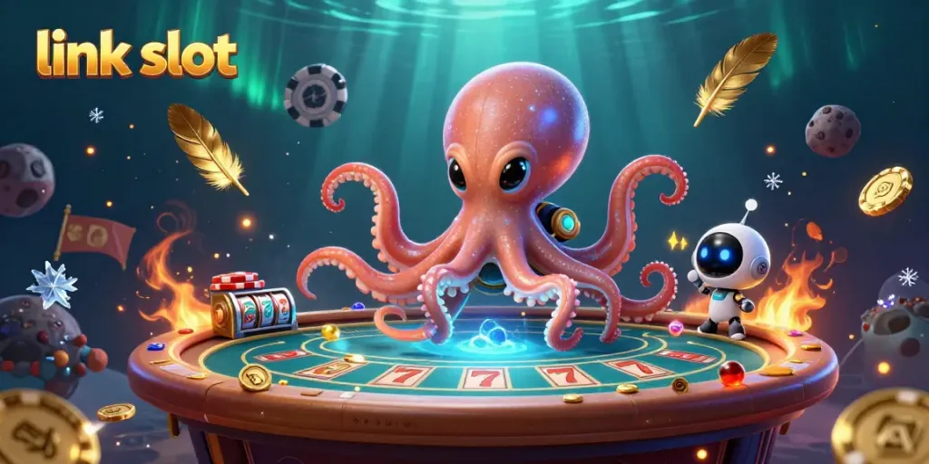 Engage with link slot excitement through a vibrant 3D illustration featuring alien characters and dynamic casino elements.