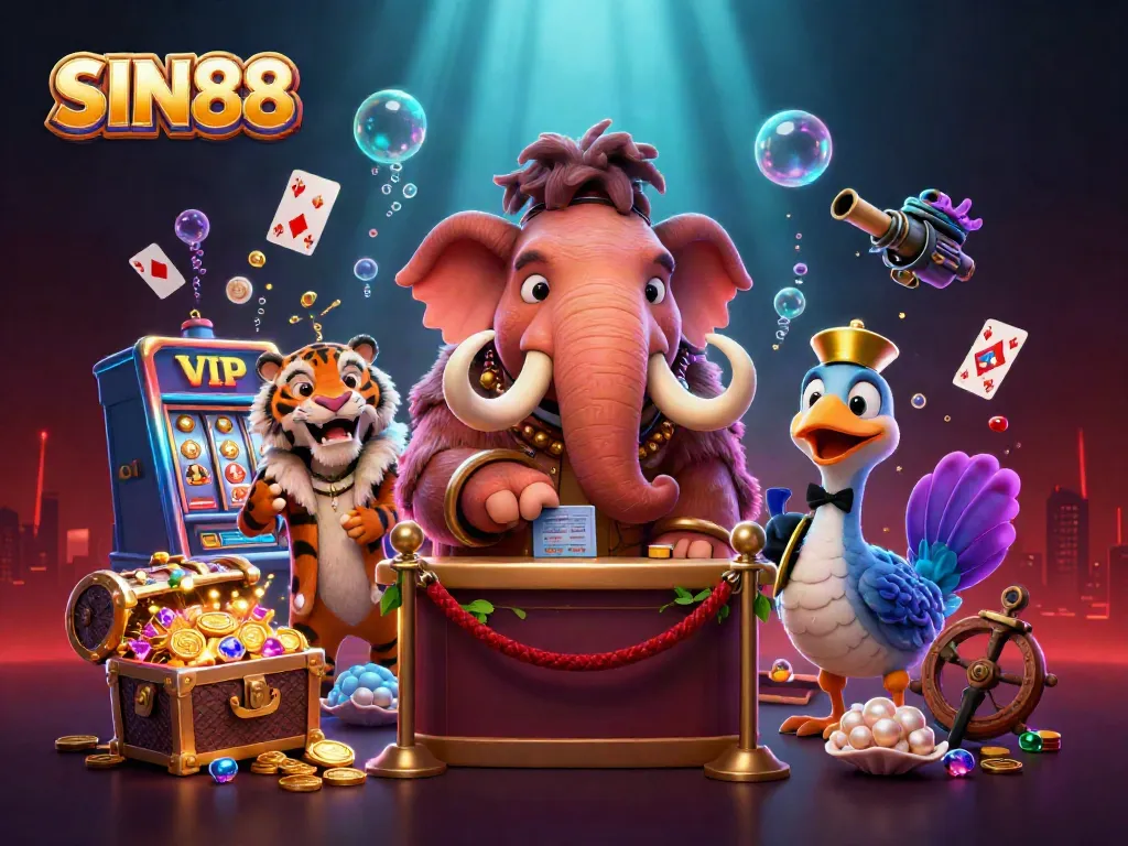SIN88 features a vibrant casino scene with a mammoth bouncer, VIP saber-tooth tiger, and underwater elements.