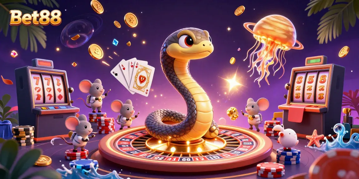 Experience Bet88's thrilling casino atmosphere with 3D characters placing bets around a dynamic roulette wheel.