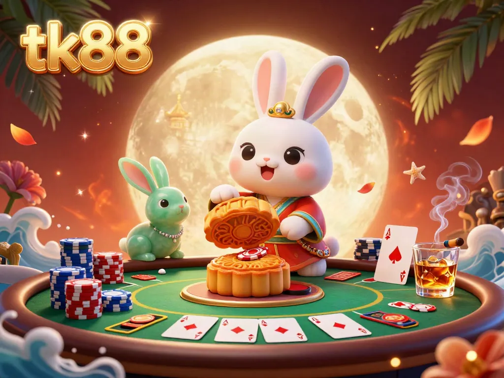 Experience excitement at tk88 with a moon rabbit and poker chips in a vibrant 3D scene.