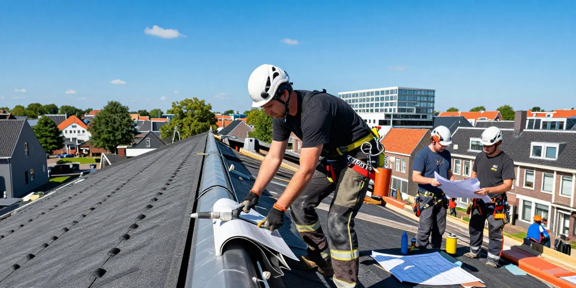 Professionals working with a dakdekker den haag on a residential flat roof, showcasing roofing techniques and urban backdrop.